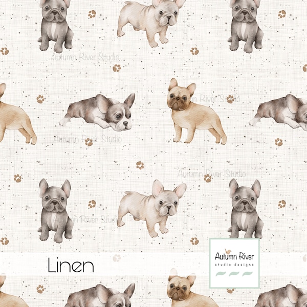 French Bulldogs Seamless Pattern, Fabric Design, Textile Print, Watercolor, Brown, White, Commercial License, Dogs, Paws, Animal, Pet