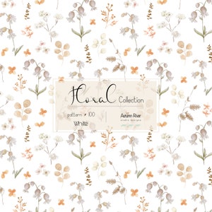 Boho Floral Seamless Pattern for Fabric, Textile Design, Meadow Flowers, Pastels, Autumn Summer, Commercial License, White, Simple Delicate