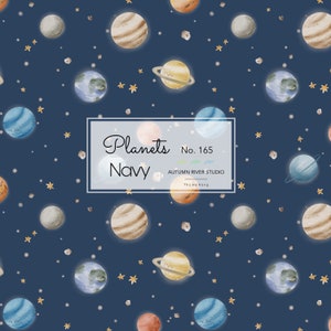 May include: A seamless pattern featuring watercolor planets on a navy blue background. The planets are in various colors and sizes, including blue, orange, yellow, and brown. The pattern also includes small white stars and gray rocks. The text "Planets Navy No. 165 Autumn River Studio Thu Ha Kung" is in a white box in the center of the pattern.