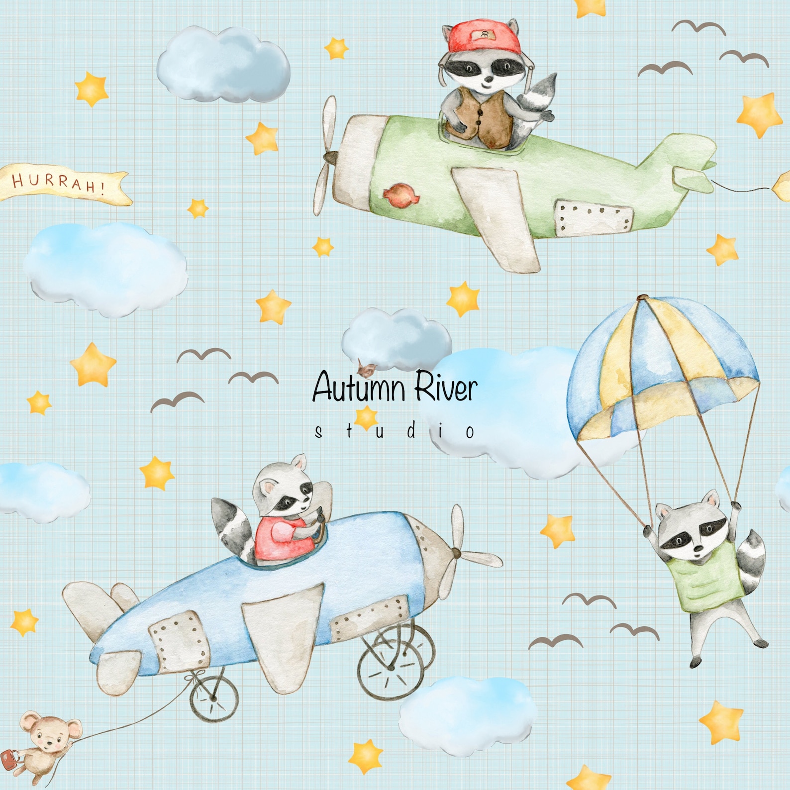 Pilot Raccoons Flying Planes Seamless Pattern, Fabric, Textile Design