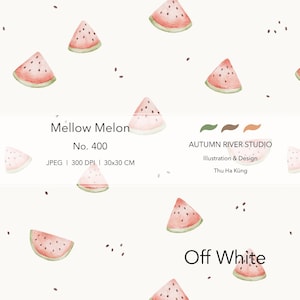 Pode incluir: Ilustração em aquarela com um padrão repetido de fatias de melancia rosa e verde, com sementes pretas espalhadas em um fundo branco sujo. O texto "Mellow Melon" e "Off White" também estão presentes.