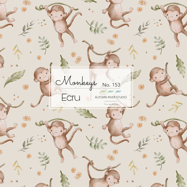 Singes, motif sans couture pour tissus, Safari de la jungle, impression de conception textile, licence commerciale, beige écru, joli motif pour enfant