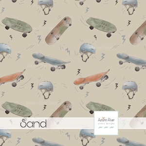 May include: A seamless pattern featuring a beige background with various skateboards, helmets, and lightning bolts. The skateboards are in different colours and styles, including orange, green, and brown. The helmets are blue and white. The lightning bolts are black. The text "Sand" is in the centre of the pattern.