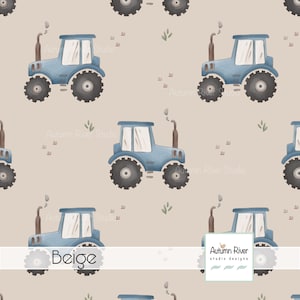 May include: Beige seamless pattern featuring blue tractors on a light brown background. The pattern is perfect for fabric, wallpaper, or wrapping paper.