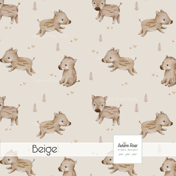 Wild Boars Seamless Fabric Pattern, Textile Design Print, Children Kids, Cute Pig, Forest Animal, Autumn, Fall, Commercial License