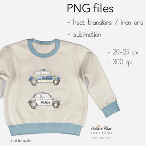 Könnte beinhalten: Zwei Aquarell-Illustrationen von Polizeiautos auf einem weißen Sweatshirt mit blauem Besatz. Das obere Auto sagt "Polizei" und das untere Auto sagt "Police". Der Pullover ist 20-23 cm groß und hat 300 dpi.