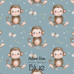 May include: A seamless pattern featuring cute cartoon monkeys with brown fur and big eyes, sitting on a light blue background with white dots, green leaves, and yellow bees. The text "Autumn River studio designs Blue" is at the bottom of the pattern.