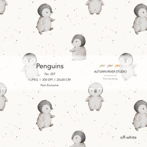 Diseño de tela con pingüinos lindos, patrón textil, sin costuras, invierno, pingüinos bebés, arte infantil, blanco roto, simple, minimalista