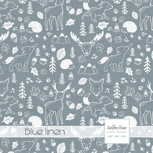 May include: A seamless pattern featuring white woodland animals and plants on a blue linen background. The pattern includes deer, foxes, moose, hedgehogs, trees, leaves, and acorns. The text "Blue linen" is at the bottom of the image.