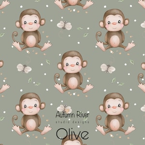 May include: A seamless pattern featuring cute cartoon monkeys in brown and beige colors on a sage green background. The pattern also includes small white dots, green leaves, and bees. The text "Autumn River studio designs Olive" is at the bottom of the pattern.