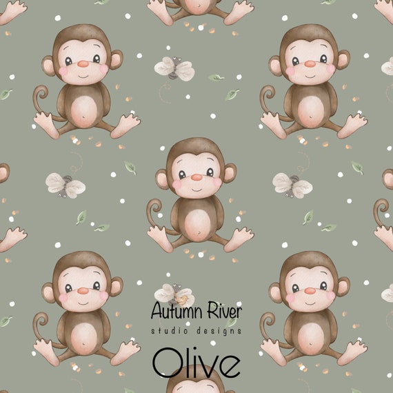 Monkey Seamless Fabric Pattern, Olive, Green, Monkey Textuile Design, Safari Monkey Seamless, Fabric Print, Cute Monkey Pattern