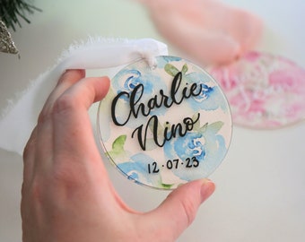 Custom Watercolor Ornament, Baby Name Ornament, Babys First Christmas Ornament, Personalised Acrylic Ornament, New Baby Christmas Ornament