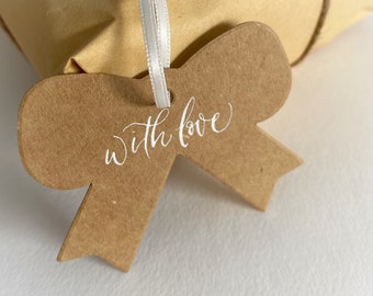 Handwritten Gift Tags, Bow Tags, Handlettered Tags, Kraft Paper Tags, Bow Shape Hang Tags, Calligraphy Tags, Gift Tags With Ribbon