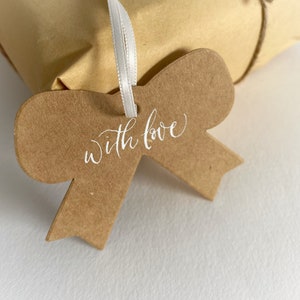 Handwritten Gift Tags, Bow Tags, Handlettered Tags, Kraft Paper Tags, Bow Shape Hang Tags, Calligraphy Tags, Gift Tags With Ribbon image 1