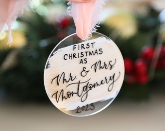 Painted Acrylic Christmas Ornaments, Hand Lettered Ornaments, Personalised Ornament First Christmas, Just Married Ornament, Name Ornament