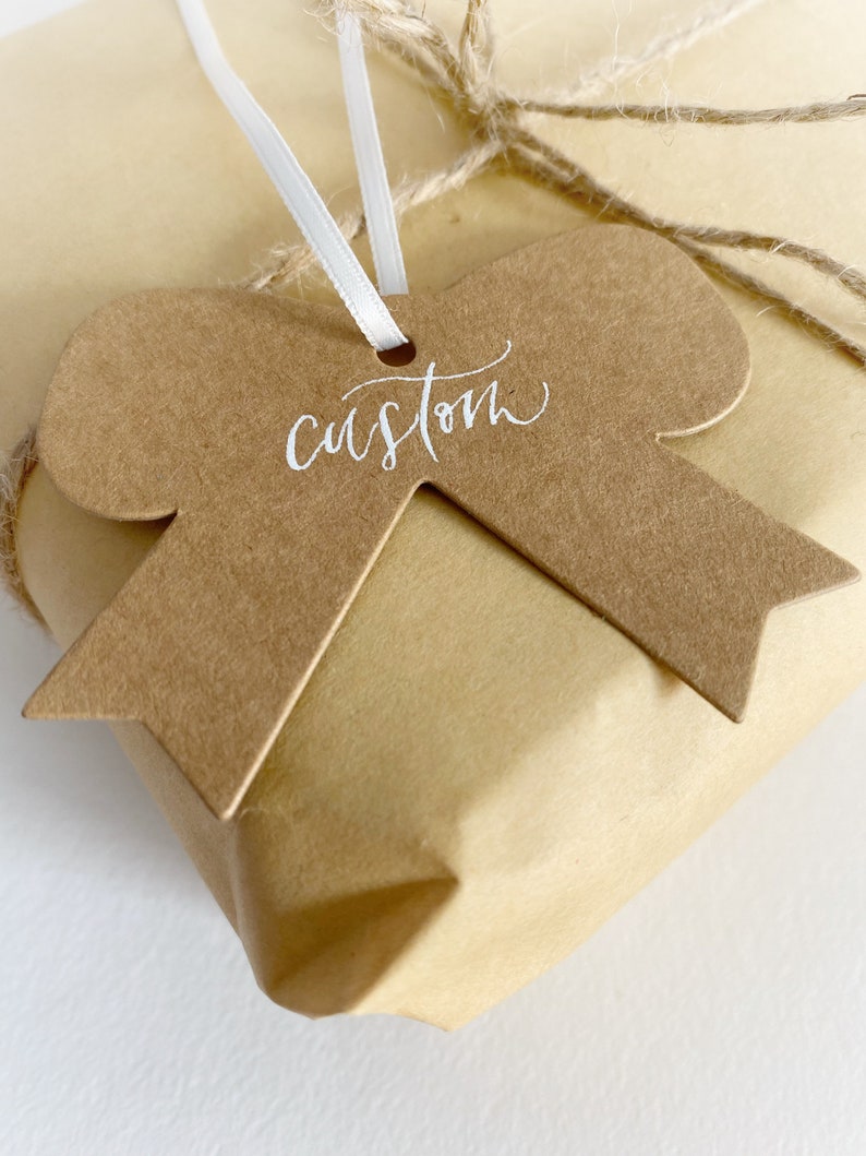 Handwritten Gift Tags, Bow Tags, Handlettered Tags, Kraft Paper Tags, Bow Shape Hang Tags, Calligraphy Tags, Gift Tags With Ribbon image 2