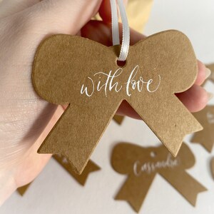 Handwritten Gift Tags, Bow Tags, Handlettered Tags, Kraft Paper Tags, Bow Shape Hang Tags, Calligraphy Tags, Gift Tags With Ribbon image 4