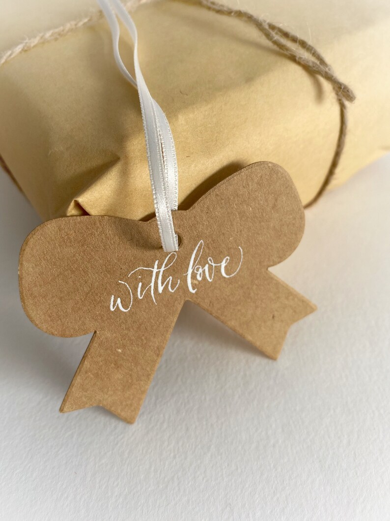 Handwritten Gift Tags, Bow Tags, Handlettered Tags, Kraft Paper Tags, Bow Shape Hang Tags, Calligraphy Tags, Gift Tags With Ribbon image 1