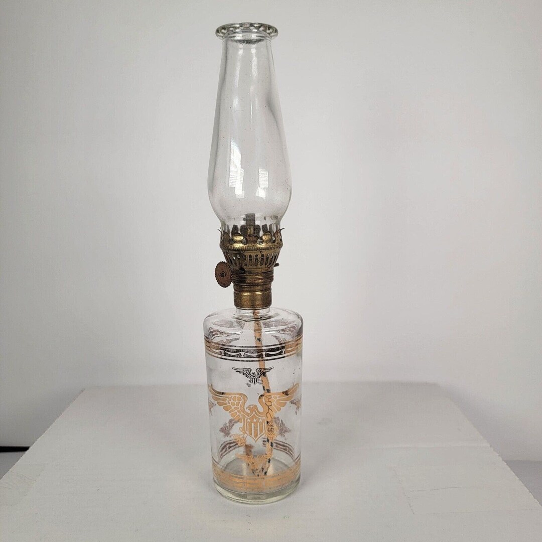 Vintage Small Glass Oil Lamp American Eagle Design Brass Wick Adjuster