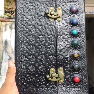 13" Seven Stone Black Grimoire Chakra,Mandala Art Leather Journal Book of Shadow 