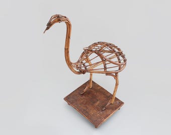 Italian Bamboo Bird Sculpture on Wooden Base, 1970s.