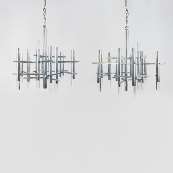 Set of 2 Gaetano Sciolari Chrome / Plexi Chandeliers