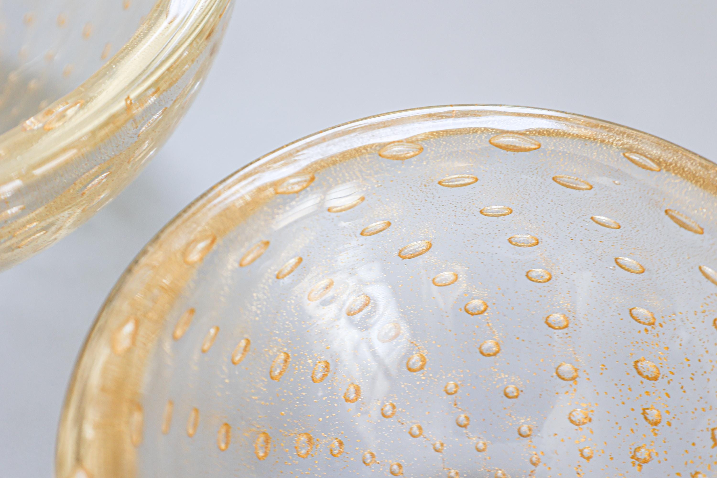 ムラーノガラスボウル2個セット – プレゴソ、金箔入り、1960年代～70