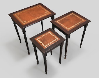Vintage French Wood/Leather Nesting Tables
