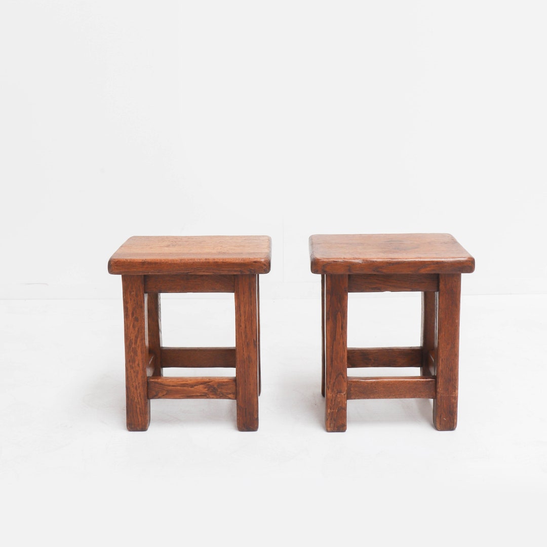 A Set of Two Small Vintage Solid Oak Stools - Etsy