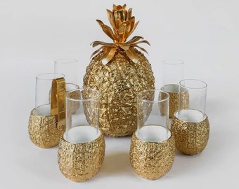 Vintage gold pineapple ice bucket with 6 glasses by Freddotherm - Turnwald