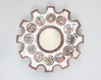 Spanish Zodiac Sunburst Mirror with Carved Frame, 1950s