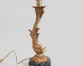 Vintage Brass Koi Fish Lamp with Green Marble Base – 1960s/1970s