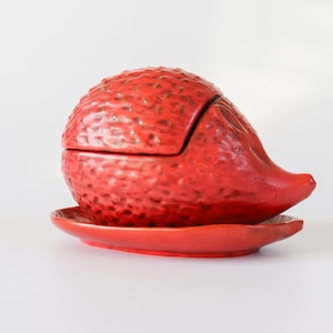 Vintage ceramic hedgehog candy bowl with lid and dish, made in Italy, 1970s.