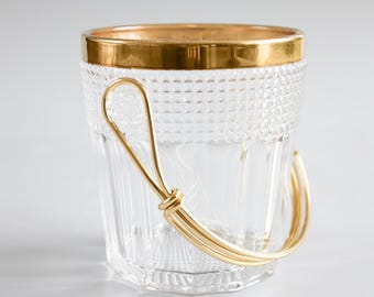 Vintage Crystal Glass Ice Bucket with Brass Handle