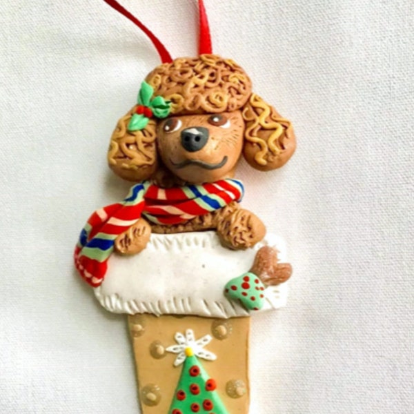 Cafe Au Lait (brown) poodle in stocking Christmas ornament, polymer clay pet Christmas ornament