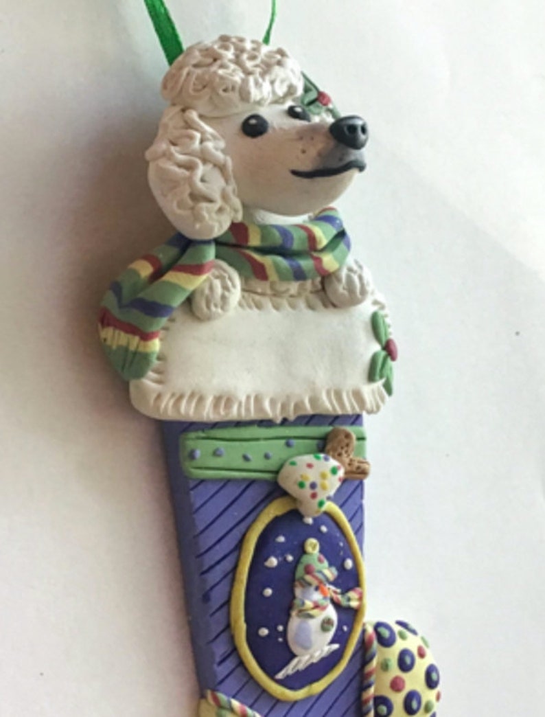 polymer clay pet Christmas ornament White Poodle in stocking Christmas ornament