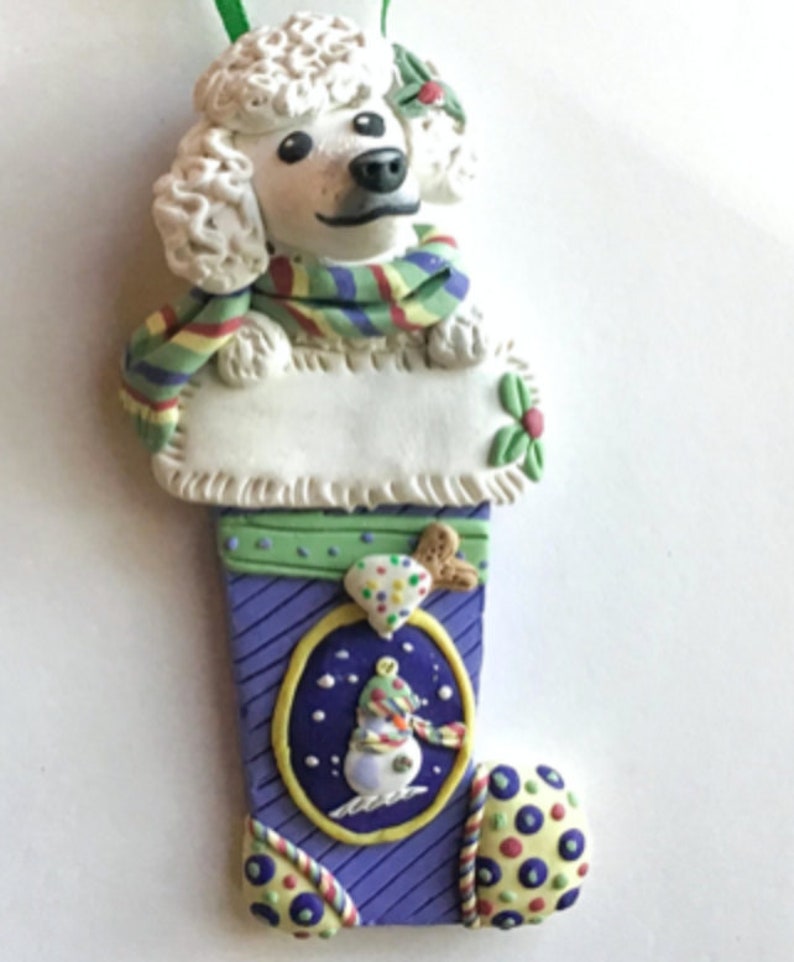 polymer clay pet Christmas ornament White Poodle in stocking Christmas ornament