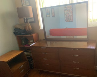 Broyhill vintage, eight drawer dresser, nightstand, and mirror