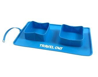 The Travel Buddy" Foldable All-In-One Double Bowl & Mat - Portable Cat Food  Water Dish