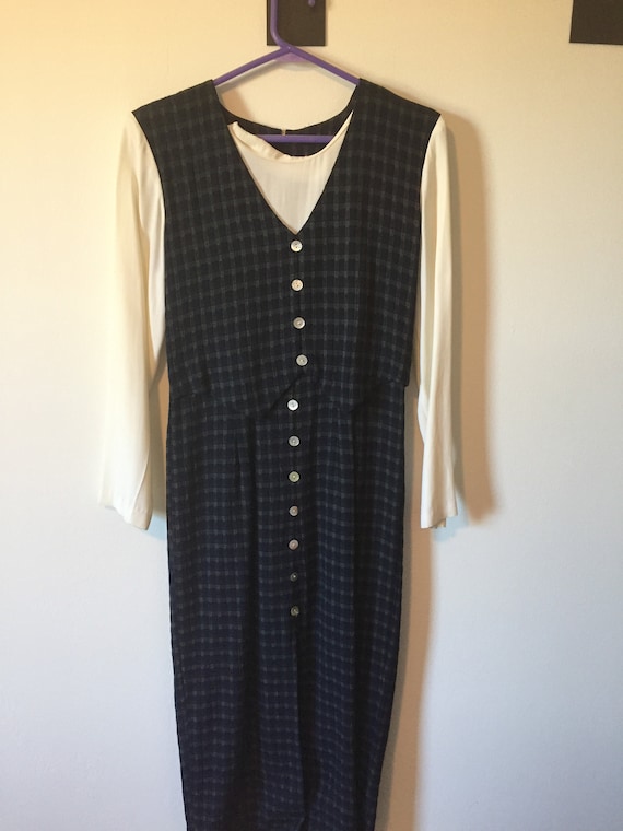 Vintage Below Knee Plaid dress with White Sleeves Gem