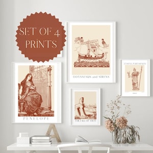 Odyssee Print 4er Set, Odyssee Poster, Odysseus Poster, Klassische Literatur Poster, Geschenk für Bücherwürmer, Griechischer Mythos Poster, Griechische Mythologie Kunst