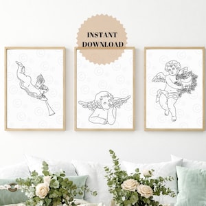 CONJUNTO DE 3 IMPRESIONES Decoración de habitación infantil con querubines, arte lineal de esculturas griegas para habitación infantil minimalista, regalo de baby shower con ángeles de la guarda