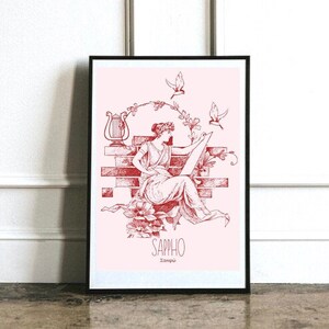 May include: A red and white illustration of Sappho, a Greek poet, sitting on a brick wall with a lyre and birds flying around her. The text "SAPPHO" and "&Sigma;&alpha;&pi;&phi;ώ" is below the illustration.