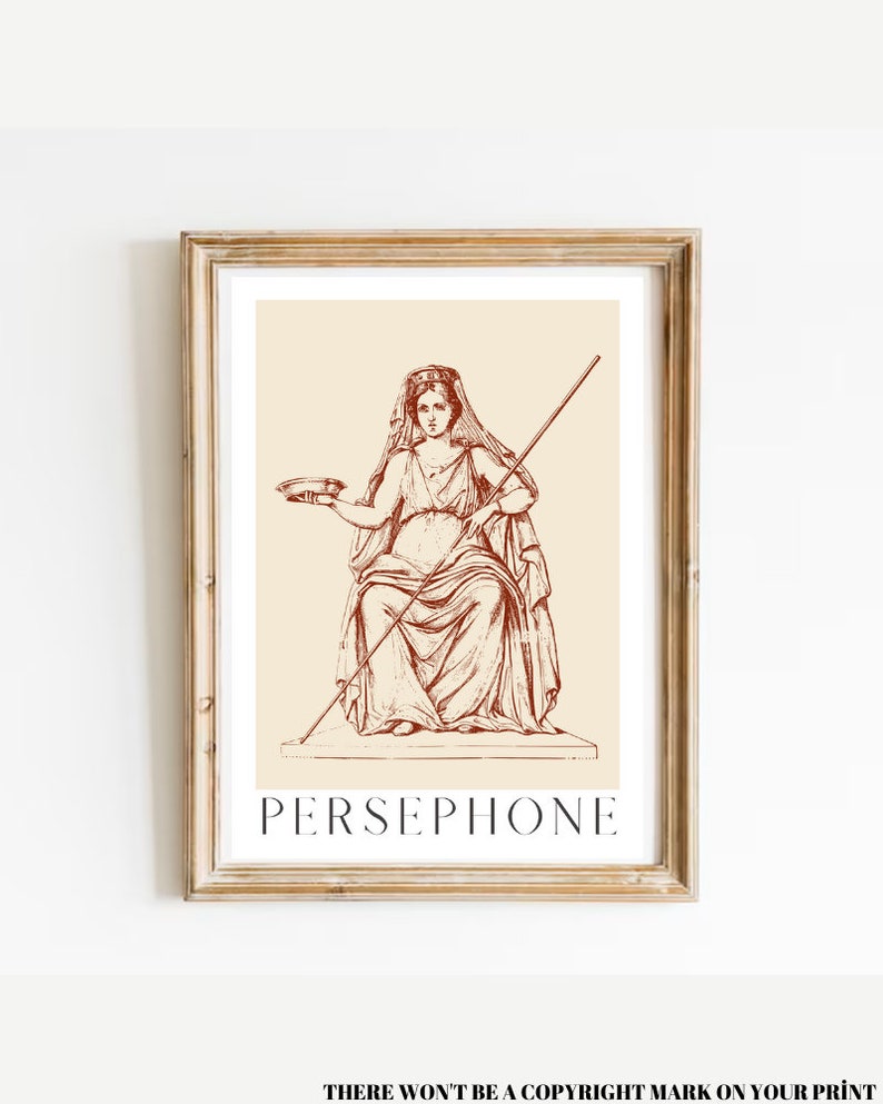 May include: A printable art print featuring a line drawing of Persephone, a Greek goddess, in a seated pose. The drawing is in shades of red on a cream background. The text "PERSEPHONE" is printed in red at the bottom of the print.