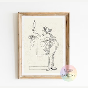May include: A black and white line drawing of a woman looking at a mirror. The woman is wearing a crown and a long dress. The drawing is on a cream background with a pattern of circles.