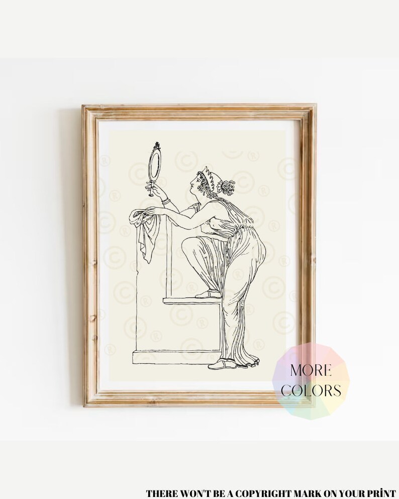 May include: A black and white line drawing of a woman looking at a mirror. The woman is wearing a crown and a long dress. The drawing is on a cream background with a pattern of circles.