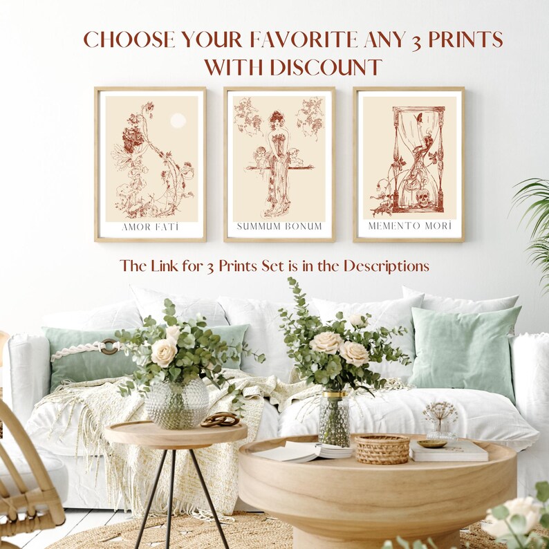May include: Three framed prints featuring vintage-style illustrations of women. The prints are titled "Amor Fati", "Summum Bonum", and "Memento Mori". The text "Choose your favourite any 3 prints with discount" is at the top of the image. The text "The Link for 3 Prints Set is in the Descriptions" is at the bottom of the image.