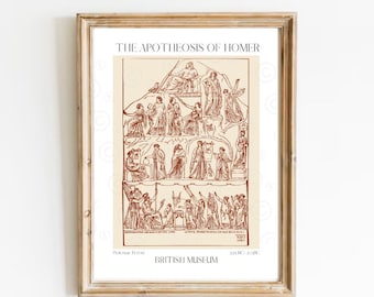 May include: A vintage illustration of the Apotheosis of Homer, a scene depicting the Greek poet Homer being welcomed into the heavens by the Muses and other figures. The illustration is in red ink on a cream background and is framed in a wooden frame.