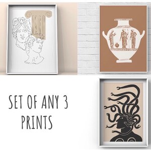 May include: Set of three printable art prints featuring a line drawing of two women's heads, a brown vase with three figures, and a black and white illustration of a woman with snakes for hair.  "SET OF ANY 3 PRINTS" is written in black text.