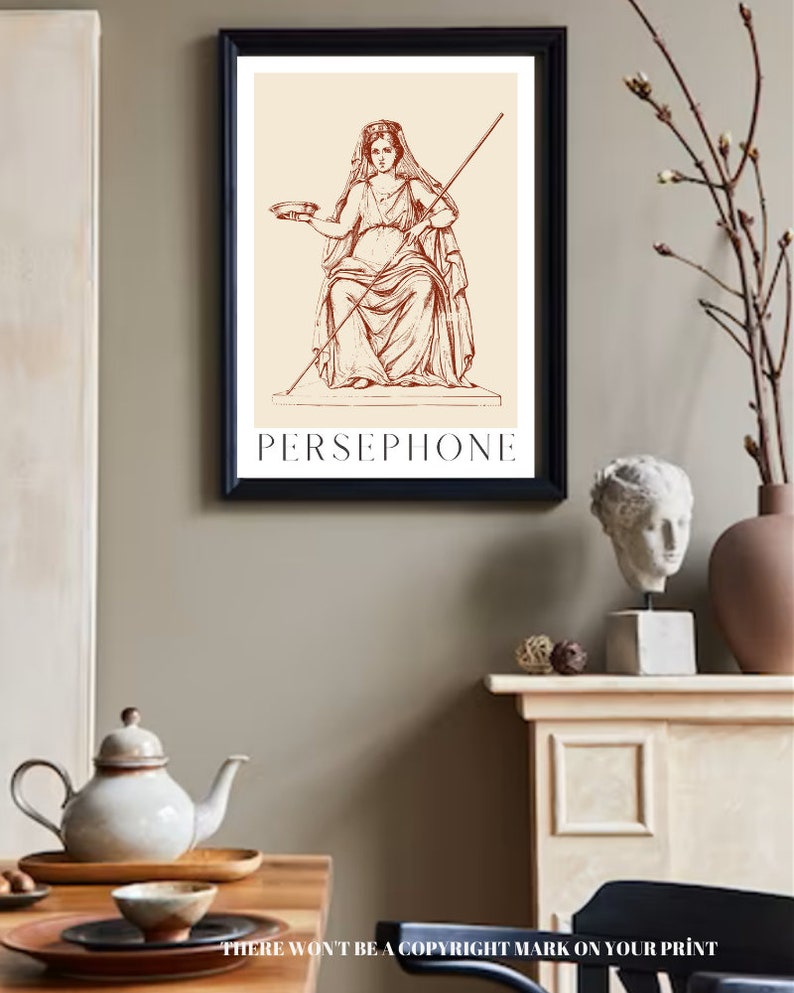 May include: A line drawing of Persephone, the Greek goddess of the underworld, in a seated pose. She is holding a bowl in her left hand and a staff in her right hand. The drawing is in brown on a cream background. The text "PERSEPHONE" is below the image.